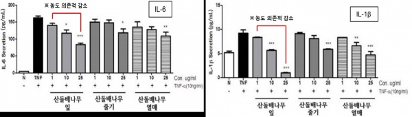 그림 2. 인간 피부각질형성세포(HaCaT) 내 염증유발인자(IL-6, IL-1 β) 측정 결과.