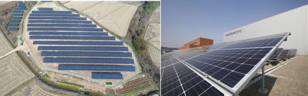 오산 아모레 뷰티 파크에 재생에너지 공급 예정인 에코네트워크 소유 영광중앙솔라(사진 왼쪽)와 , 오산 아모레 뷰티 파크 태양광 패널 ⓒ아모레퍼시픽