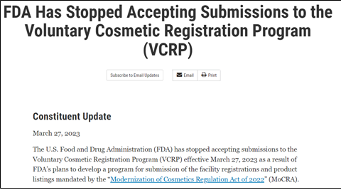 FDA 공식 사이트 https://www.fda.gov/food/cfsan-constituent-updates/fda-has-stopped-accepting-submissions-voluntary-cosmetic-registration-program-vcrp ⓒFDA