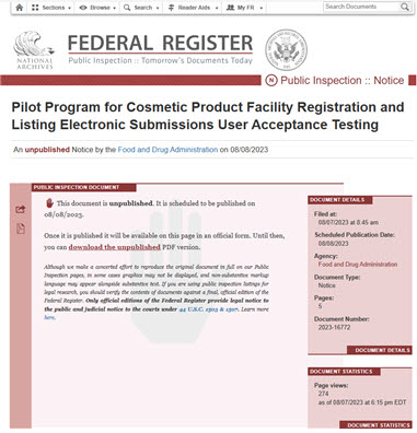 시설등록 및 제품등록 파일럿 테스트 모집 공고문 ⓒ미국 FDA 웹사이트