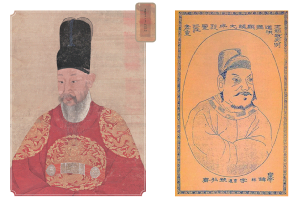 51세때의 영조어진(왼쪽)(국립고궁박물관 소장)과 선원보감(璿源寶鑑)에 실린 정조의 초상화