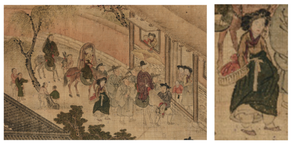 조선시대 그림인 평생도의 혼인식 장면 중 일부. 수모(首母)로 보이는 여인이 신랑과 신부 사이에서 걸어가는 것을볼 수 있다.ⓒ평생도(平生圖), 작가미상, 국립중앙박물관 소장