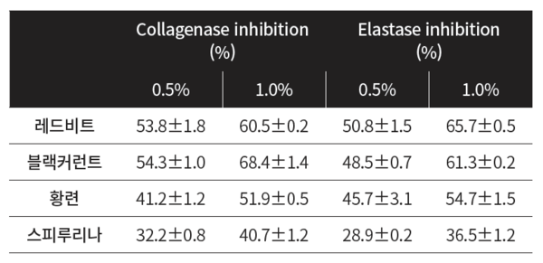 표 3. Collagenase와 Elastase 활성 저해 효과