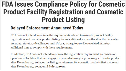 시설 등록 및 제품 리스팅 시행 연기 공지 FDA 홈페이지 캡처