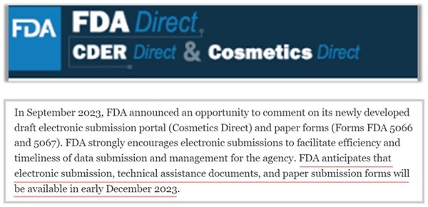 FDA Cosmetics Direct 플랫폼 썸네일(사진 위) 및 플랫폼 개시 예상 일자 FDA 공고 캡처
