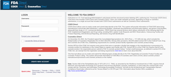 ‘FDA Cosmetics Direct’ 플랫폼 메인화면 캡처 ⓒhttps://direct.fda.gov/apex/f?p=100:LOGIN_DESKTOP
