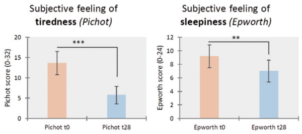 그림 10. Results of subjective feeling of tiredness (Pichot) and sleepiness (Epworth) (** indicate significantly differentresults at 95% confidence level, *** at 99% confidence level)