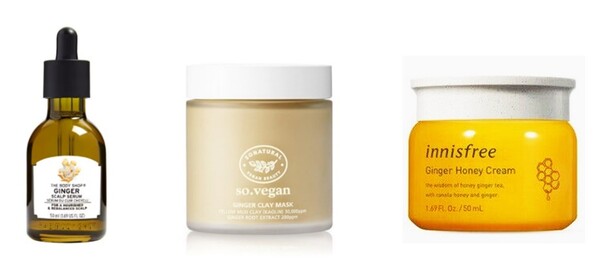 그림 6. 생강을 활용한 화장품 L) Ginger Scalp Serum (The Body Shop), M) So Vegan Ginger Clay Mask (So natural), R) Ginger Honey Cream (Innisfree)