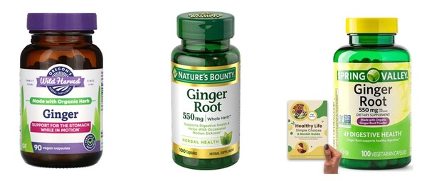 그림 7. 생강을 활용한 건강식품 L) Wild Harvest, Ginger (Oregon’s), M) Ginger Root (Nature's Bounty), R) Organic Ginger Root: Digestive Health Vegetarian Capsules (Neobit Spring Valley)